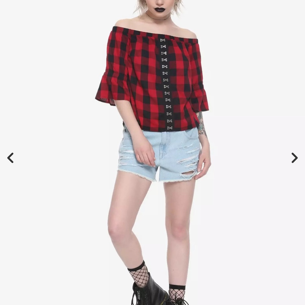 Plaid Off-Shoulder Top - Red and Black